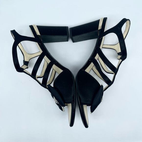 CHANEL Black leather/ Satin caged pearl embellished bow block heel sandals EU40 - Picture 4 of 14